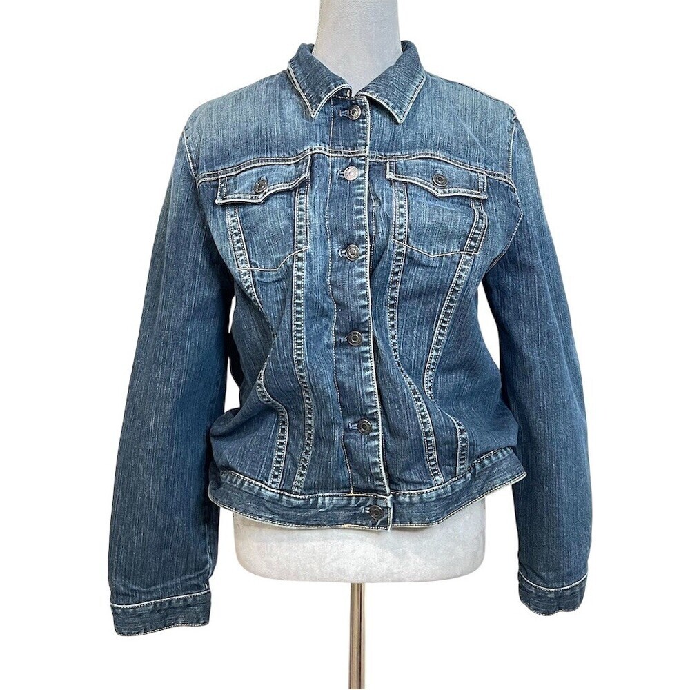 GAP Women's Denim Jean Jacket Blue Wash Festive Western Cowgirl Aztec